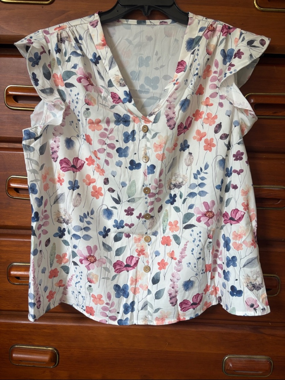 SHEIN White Floral V-Neck Button Front Ruffle Sleeve Top